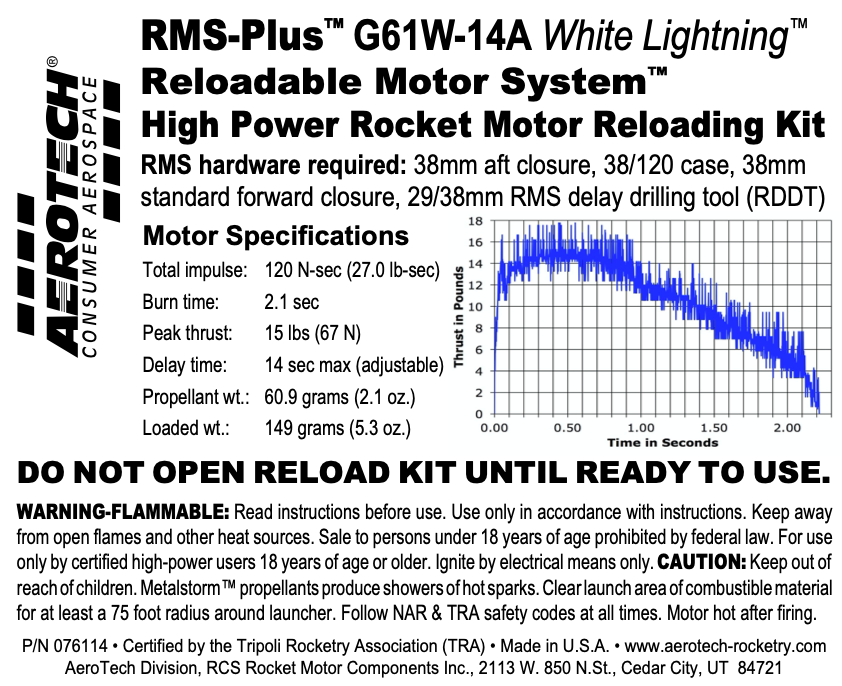 Aerotech G61W-14A 38mm RMS-Plus White Lightning